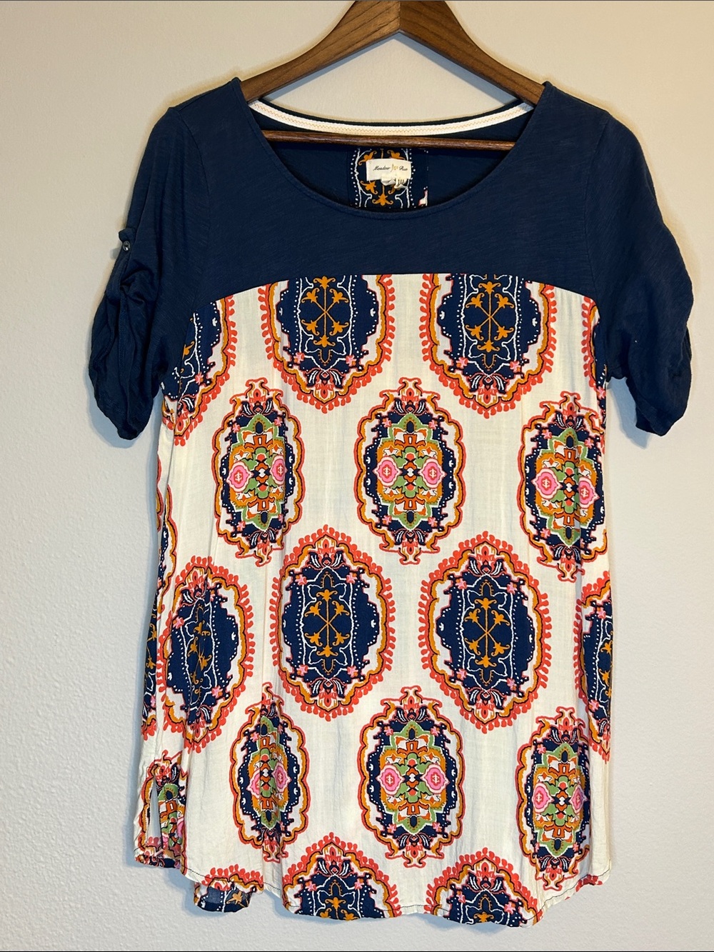 Meadow Rue Cotton Blend Navy & Multicolor Boho Print Blouse Size Large